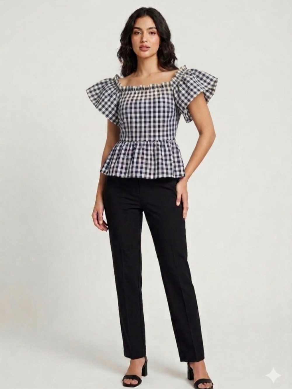 Ricki's Dark Navy Blue and White Gingham Off-Shoulder Blouse